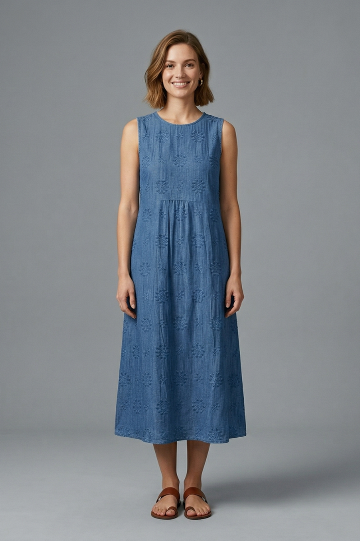 Women's Sleeveless Round Neck Textured Midi Dress with Pockets – Casual Summer Dress
