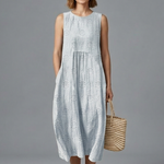 Women's Sleeveless Round Neck Textured Midi Dress with Pockets – Casual Summer Dress