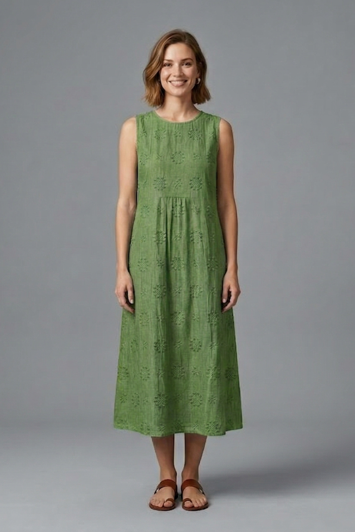 Women's Sleeveless Round Neck Textured Midi Dress with Pockets – Casual Summer Dress