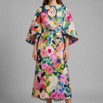 Women's Round Neck Wide Sleeve Midi Dress – Relaxed Abstract Print Casual Dress