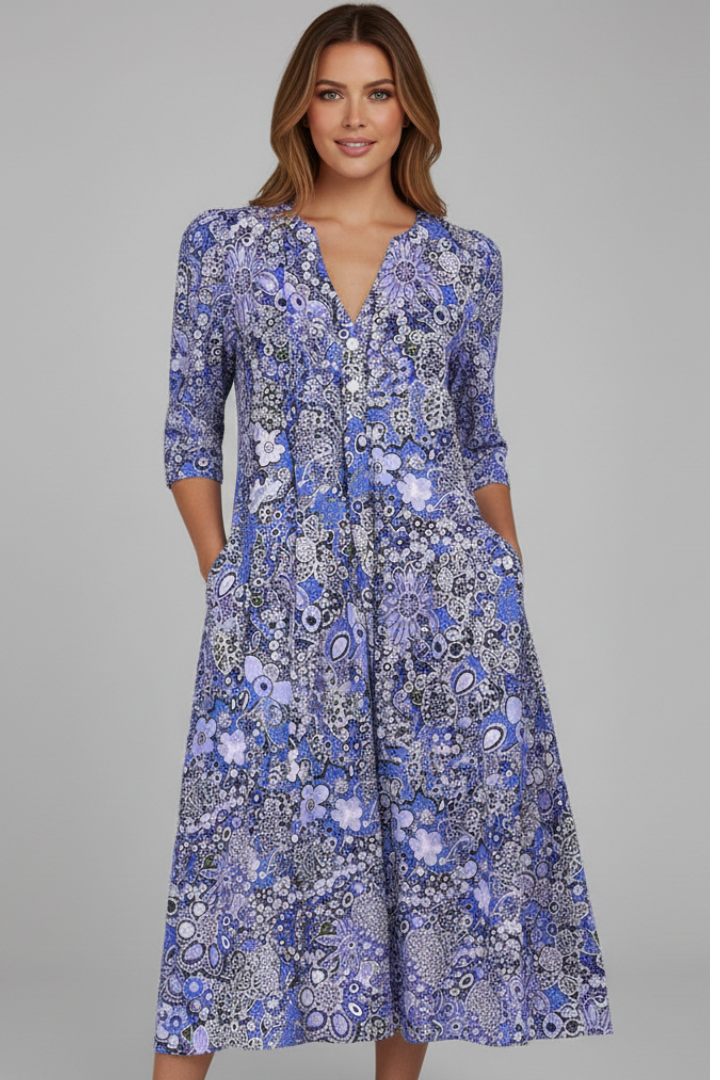 Women's V-Neck Printed Midi Dress with Three-Quarter Sleeves – Casual Spring & Summer Dress