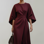 Women's Belted Midi Dress with Round Neck and Wide Elbow Sleeves – Spring Work and Occasion