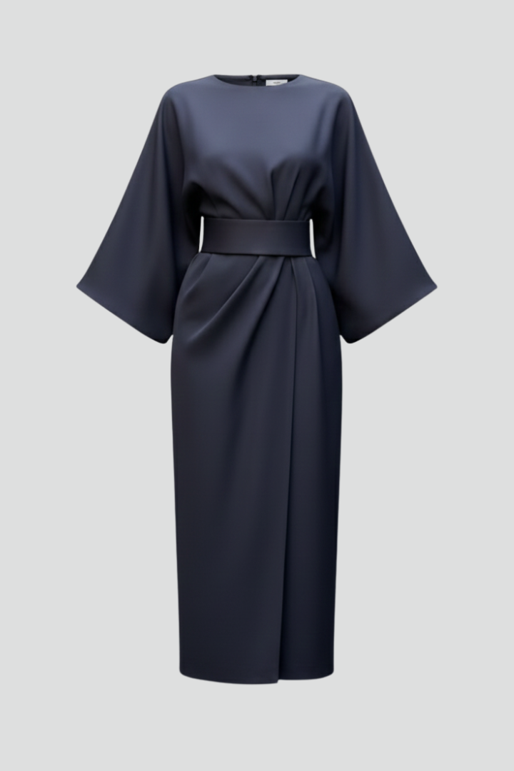 Women's Belted Midi Dress with Round Neck and Wide Elbow Sleeves – Spring Work and Occasion