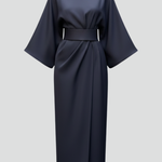 Women's Belted Midi Dress with Round Neck and Wide Elbow Sleeves – Spring Work and Occasion