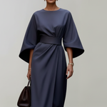 Women's Belted Midi Dress with Round Neck and Wide Elbow Sleeves – Spring Work and Occasion