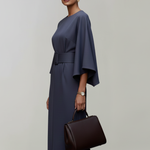 Women's Belted Midi Dress with Round Neck and Wide Elbow Sleeves – Spring Work and Occasion