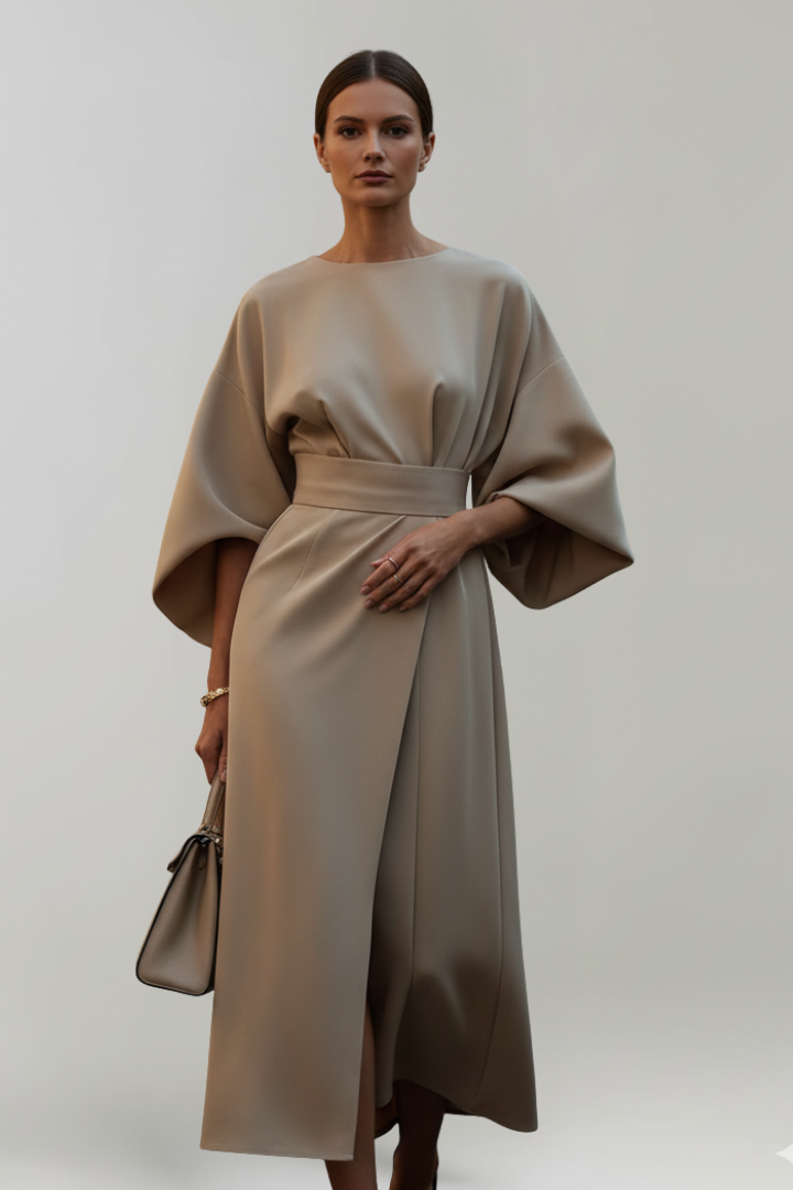 Women's Belted Midi Dress with Round Neck and Wide Elbow Sleeves – Spring Work and Occasion