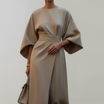 Women's Belted Midi Dress with Round Neck and Wide Elbow Sleeves – Spring Work and Occasion