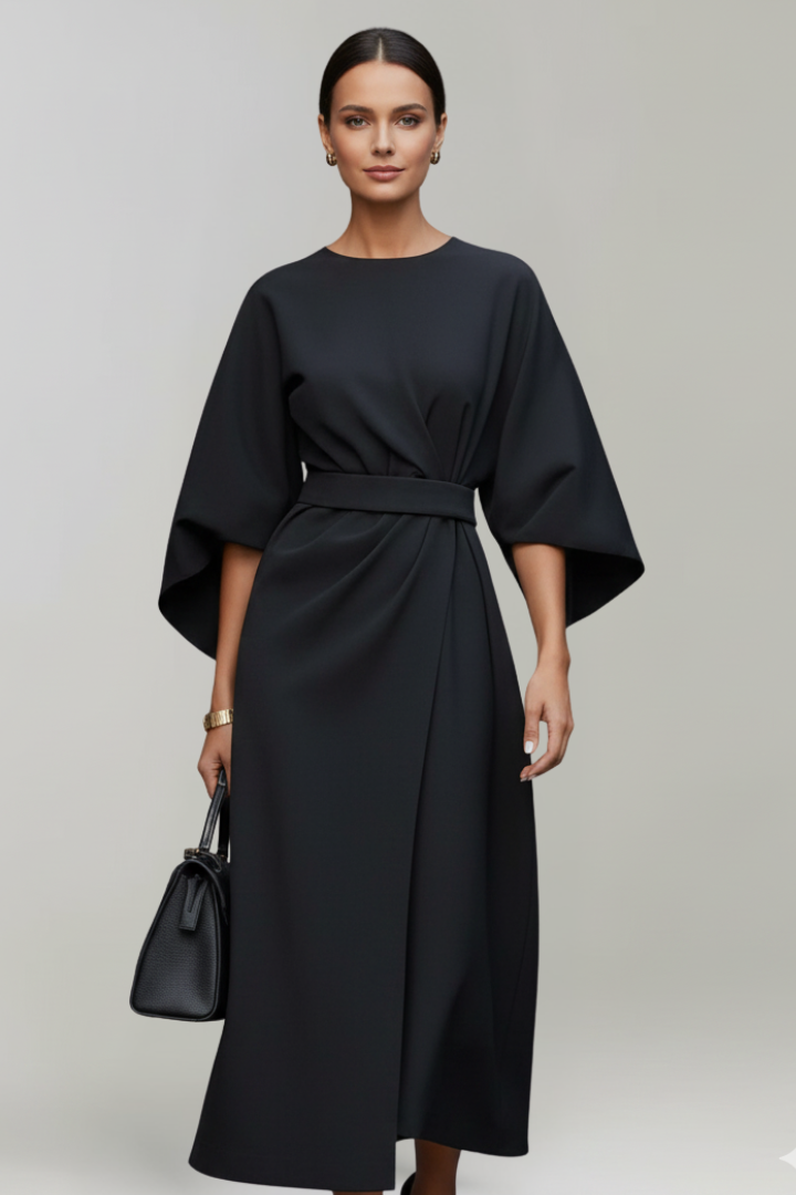 Women's Belted Midi Dress with Round Neck and Wide Elbow Sleeves – Spring Work and Occasion