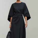 Women's Belted Midi Dress with Round Neck and Wide Elbow Sleeves – Spring Work and Occasion