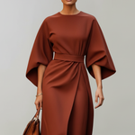 Women's Belted Midi Dress with Round Neck and Wide Elbow Sleeves – Spring Work and Occasion
