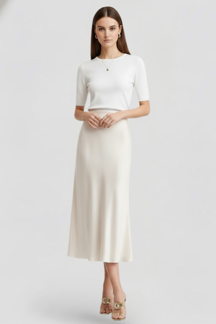 Women's High Waist Satin-Look Draped Midi Skirt – Lined Elegant Occasion Skirt