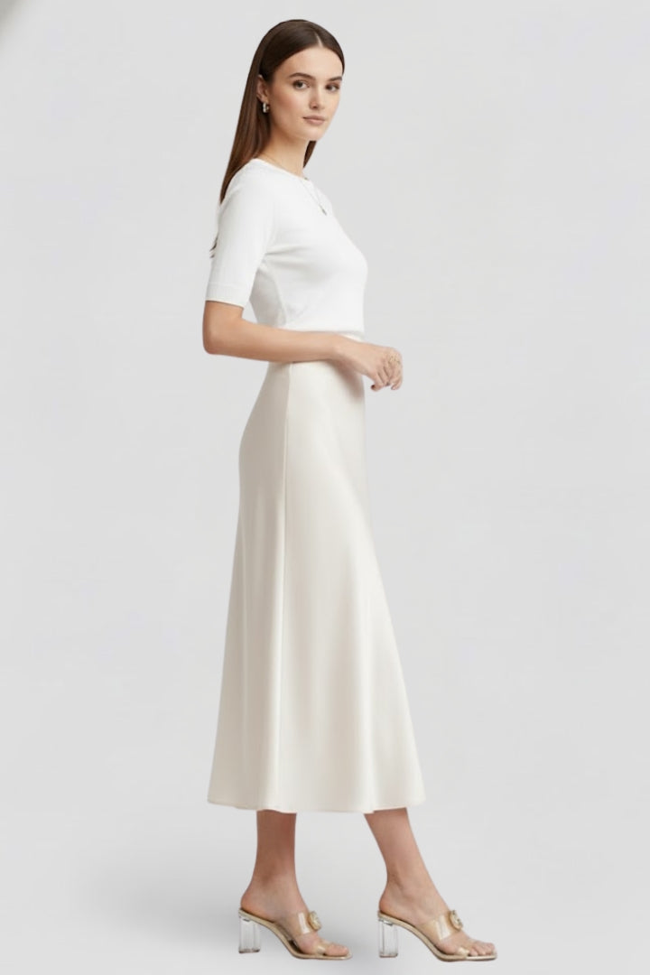 Women's High Waist Satin-Look Draped Midi Skirt – Lined Elegant Occasion Skirt