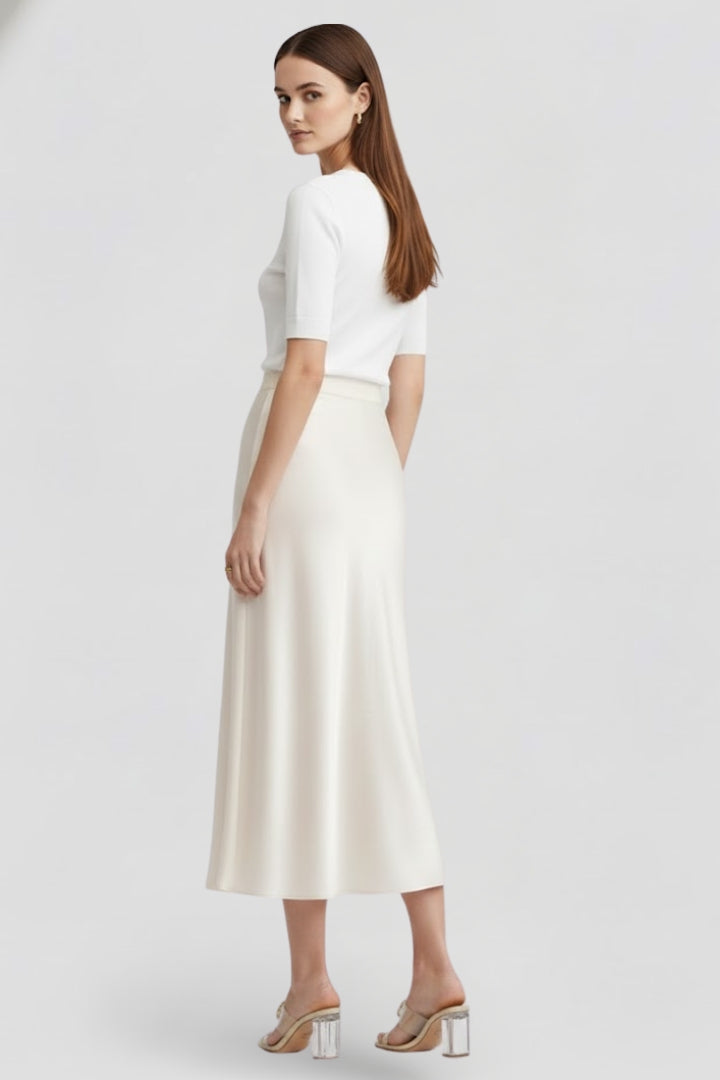 Women's High Waist Satin-Look Draped Midi Skirt – Lined Elegant Occasion Skirt