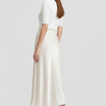 Women's High Waist Satin-Look Draped Midi Skirt – Lined Elegant Occasion Skirt
