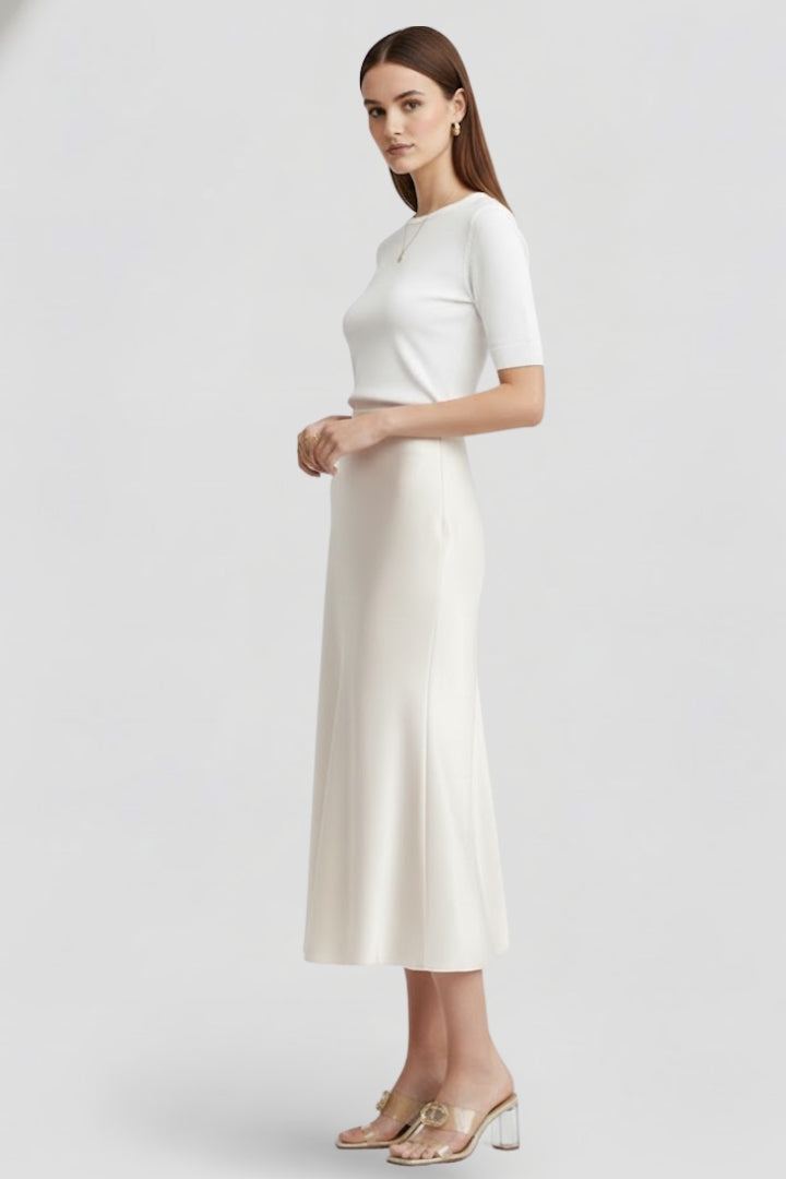 Women's High Waist Satin-Look Draped Midi Skirt – Lined Elegant Occasion Skirt