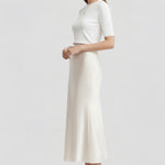 Women's High Waist Satin-Look Draped Midi Skirt – Lined Elegant Occasion Skirt