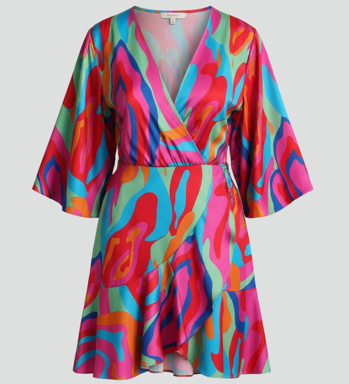 Women's V-Neck Mini Dress with Batwing Sleeves & Waist Tie – Printed Summer Dress
