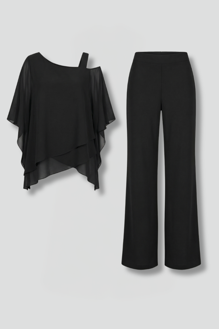 Women's Two Piece Set with Asymmetric Neck Draped Top and Wide Leg Pants – Summer Occasion