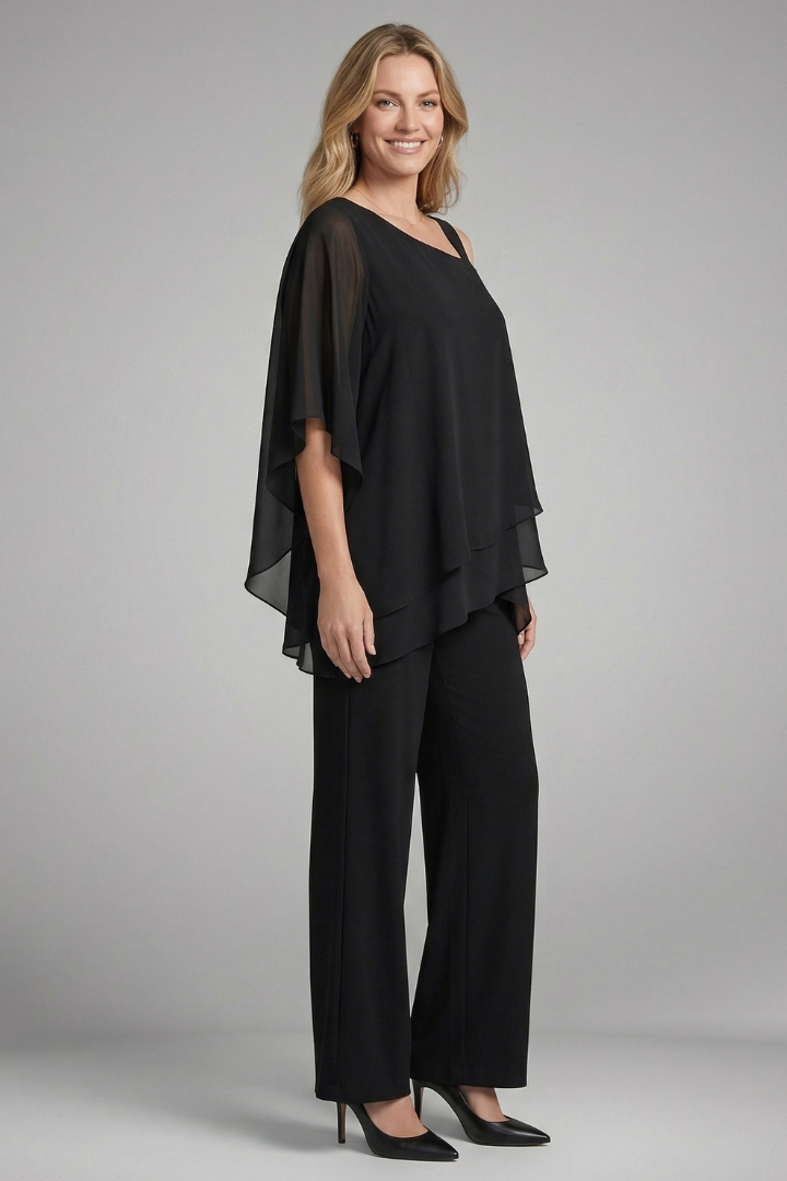 Women's Two Piece Set with Asymmetric Neck Draped Top and Wide Leg Pants – Summer Occasion