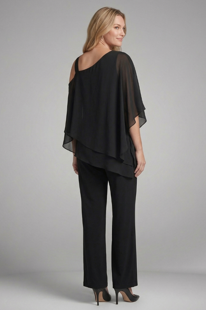 Women's Two Piece Set with Asymmetric Neck Draped Top and Wide Leg Pants – Summer Occasion