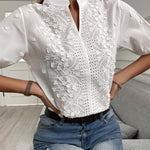 Women's Floral Embroidered Blouse with Stand Collar, V Neck and Puff Sleeves – Summer