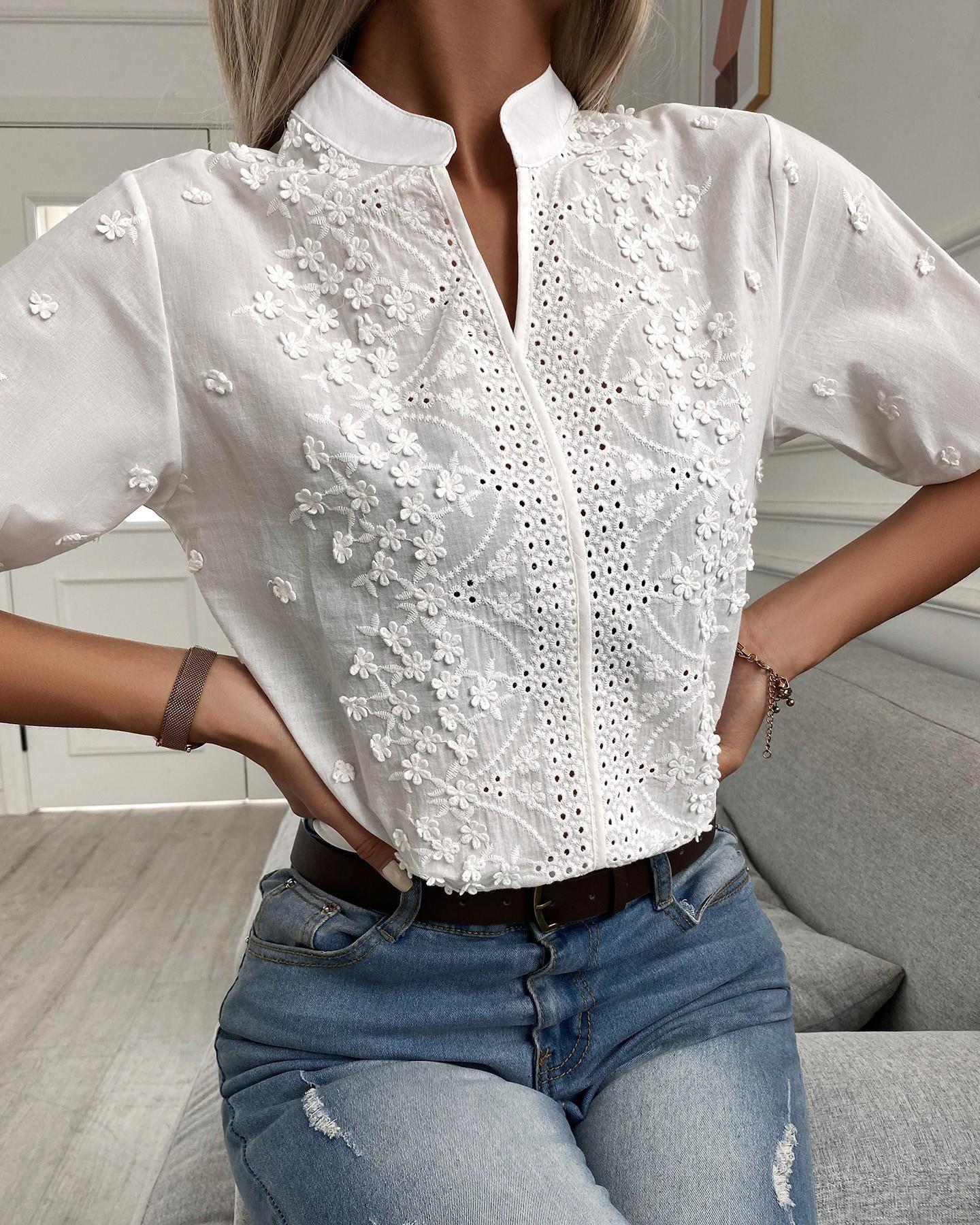 Women's Floral Embroidered Blouse with Stand Collar, V Neck and Puff Sleeves – Summer