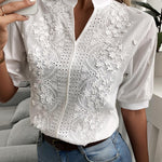 Women's Floral Embroidered Blouse with Stand Collar, V Neck and Puff Sleeves – Summer