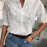Women's Floral Embroidered Blouse with Stand Collar, V Neck and Puff Sleeves – Summer