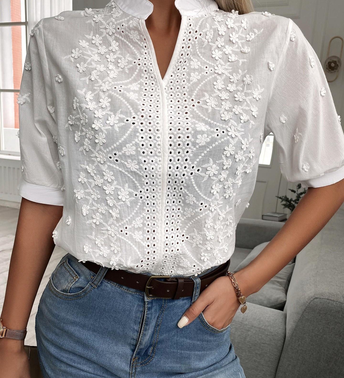 Women's Floral Embroidered Blouse with Stand Collar, V Neck and Puff Sleeves – Summer