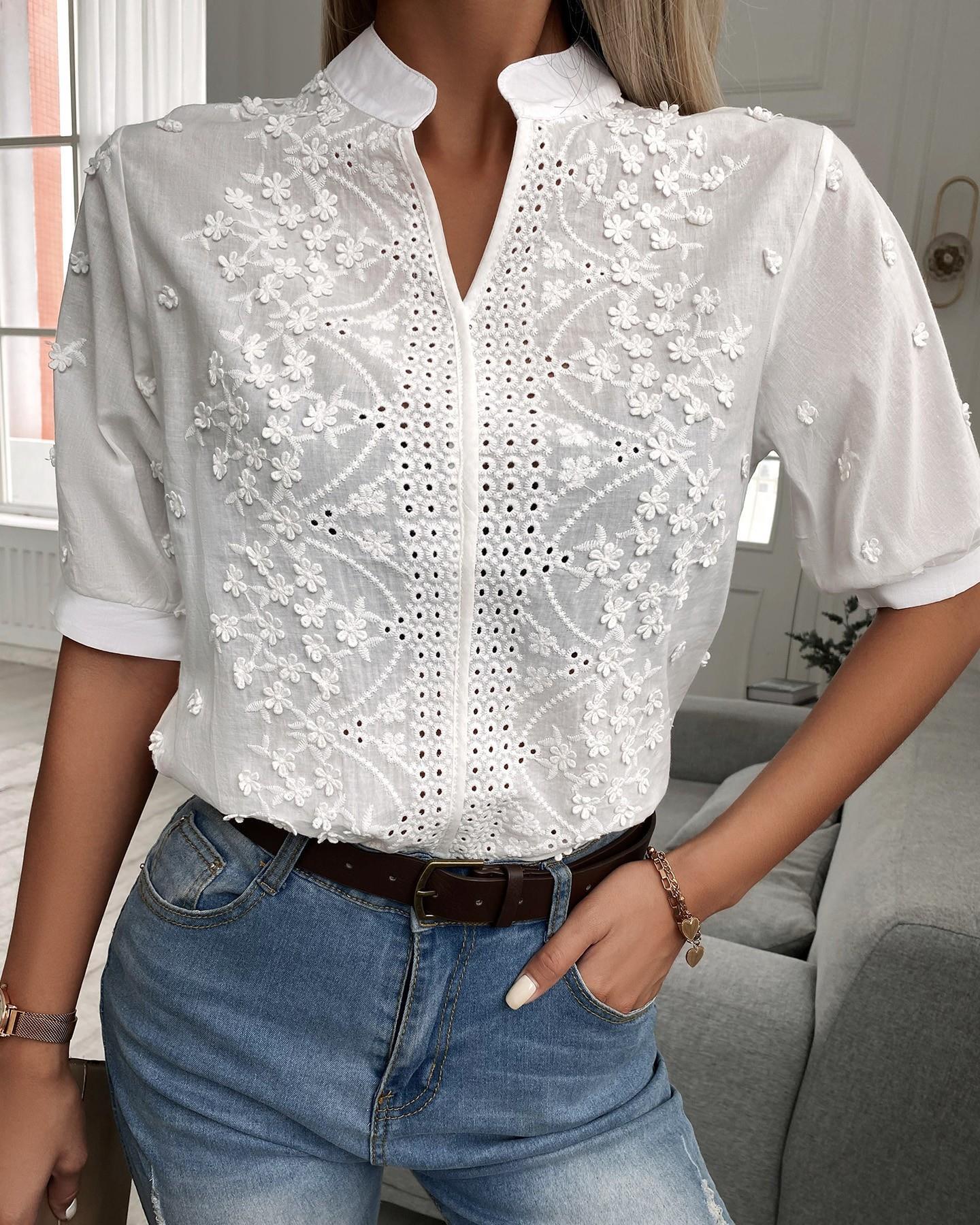 Women's Floral Embroidered Blouse with Stand Collar, V Neck and Puff Sleeves – Summer