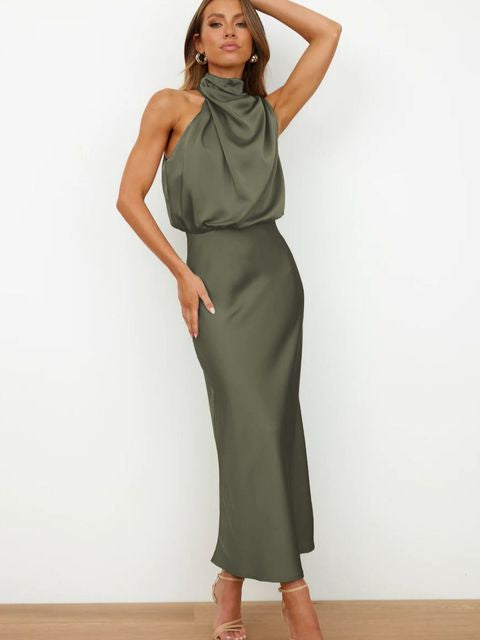 Women's Halter Neck Midi Formal Dress – Elegant Wedding Guest & Evening Dress
