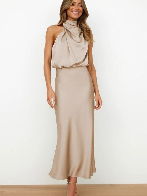 Women's Halter Neck Midi Formal Dress – Elegant Wedding Guest & Evening Dress