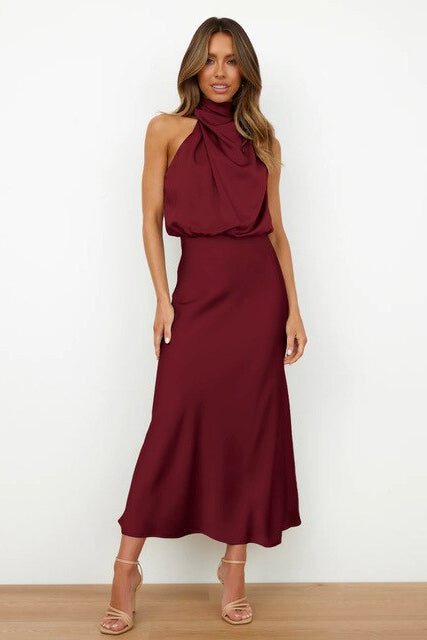 Women's Halter Neck Midi Formal Dress – Elegant Wedding Guest & Evening Dress