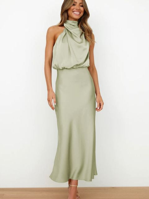 Women's Halter Neck Midi Formal Dress – Elegant Wedding Guest & Evening Dress