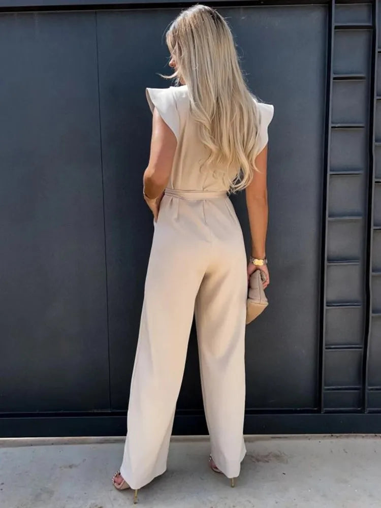 Women's Flutter Sleeve Wide Leg Jumpsuit with Tie Belt & Pockets – Formal Wear