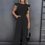 Women's Flutter Sleeve Wide Leg Jumpsuit with Tie Belt & Pockets – Formal Wear