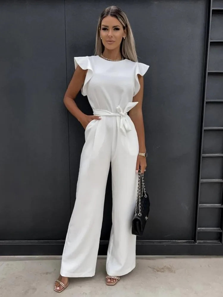 Women's Flutter Sleeve Wide Leg Jumpsuit with Tie Belt & Pockets – Formal Wear
