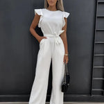 Women's Flutter Sleeve Wide Leg Jumpsuit with Tie Belt & Pockets – Formal Wear