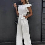 Women's Flutter Sleeve Wide Leg Jumpsuit with Tie Belt & Pockets – Formal Wear