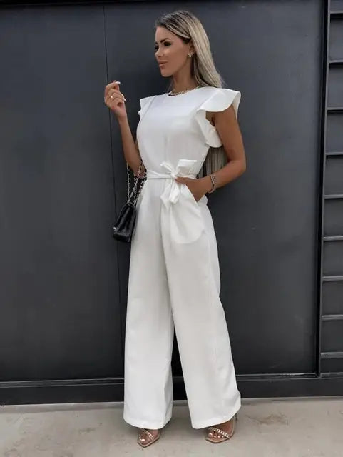Women's Flutter Sleeve Wide Leg Jumpsuit with Tie Belt & Pockets – Formal Wear