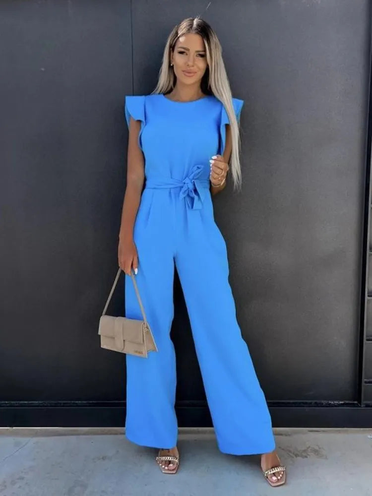 Women's Flutter Sleeve Wide Leg Jumpsuit with Tie Belt & Pockets – Formal Wear