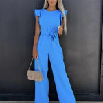 Women's Flutter Sleeve Wide Leg Jumpsuit with Tie Belt & Pockets – Formal Wear