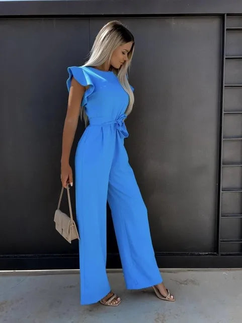 Women's Flutter Sleeve Wide Leg Jumpsuit with Tie Belt & Pockets – Formal Wear