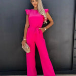 Women's Flutter Sleeve Wide Leg Jumpsuit with Tie Belt & Pockets – Formal Wear