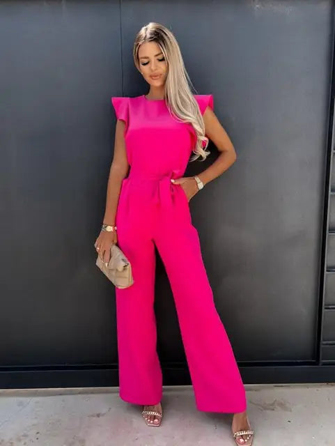 Women's Flutter Sleeve Wide Leg Jumpsuit with Tie Belt & Pockets – Formal Wear