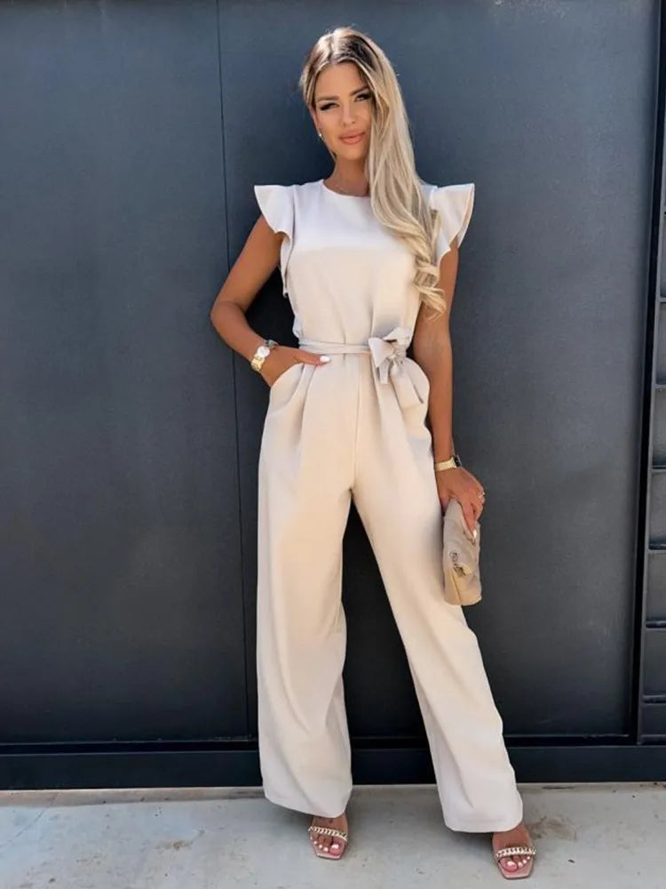 Women's Flutter Sleeve Wide Leg Jumpsuit with Tie Belt & Pockets – Formal Wear
