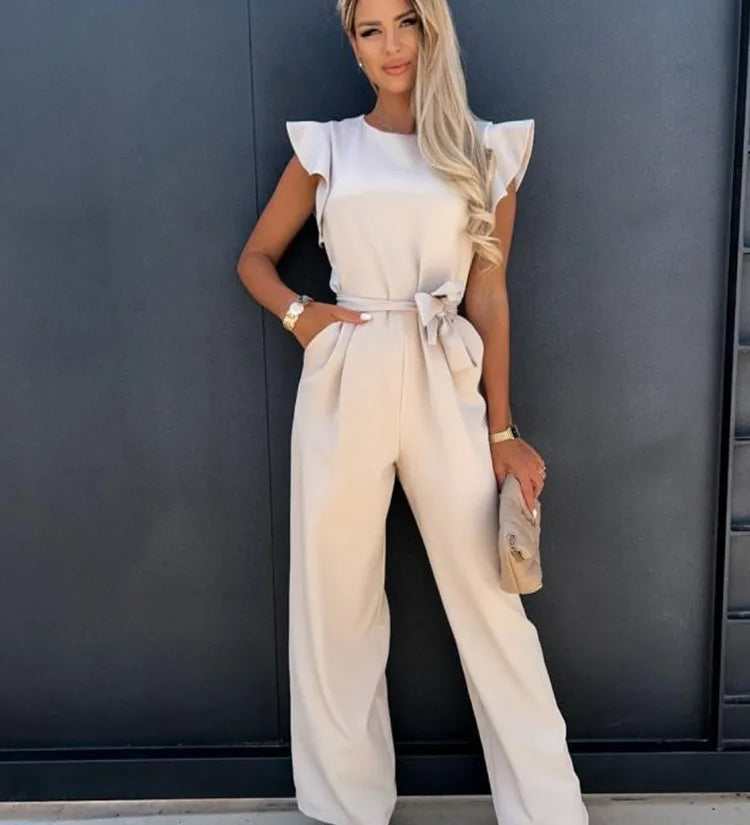 Women's Flutter Sleeve Wide Leg Jumpsuit with Tie Belt & Pockets – Formal Wear
