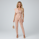 Women's One Shoulder Embellished Jumpsuit with Tie Belt – Formal Evening & Cocktail