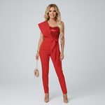 Women's One Shoulder Embellished Jumpsuit with Tie Belt – Formal Evening & Cocktail